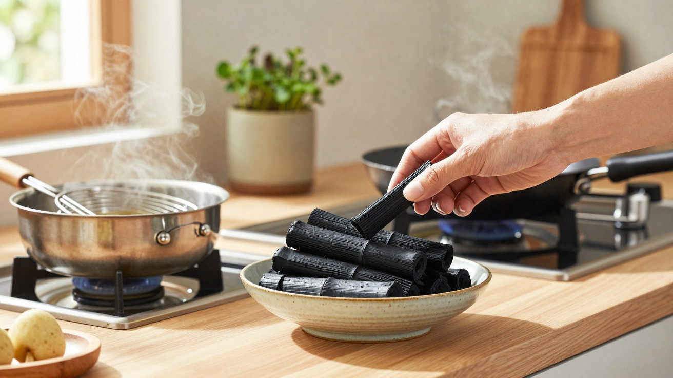 Hand placing charcoal sticks on a plate in a bright kitchen with a steaming pot on the stove.