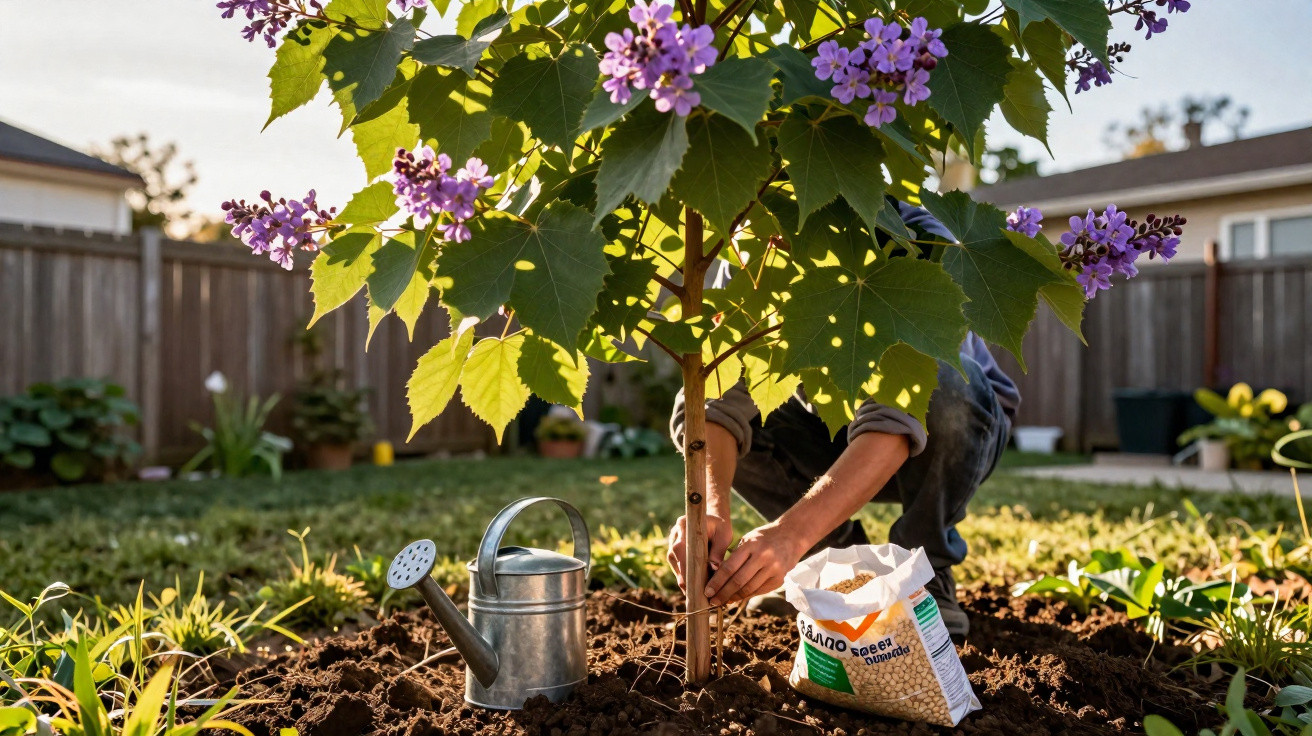 Person planting a small tree with purple flowers in a sunny garden beside a watering can and fertiliser bag.