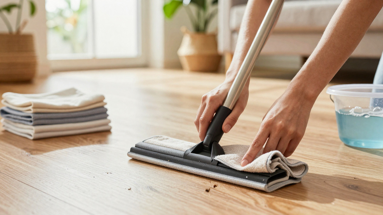 Person attaching a cleaning cloth to a mop on a wooden floor with folded cloths and bucket nearby.