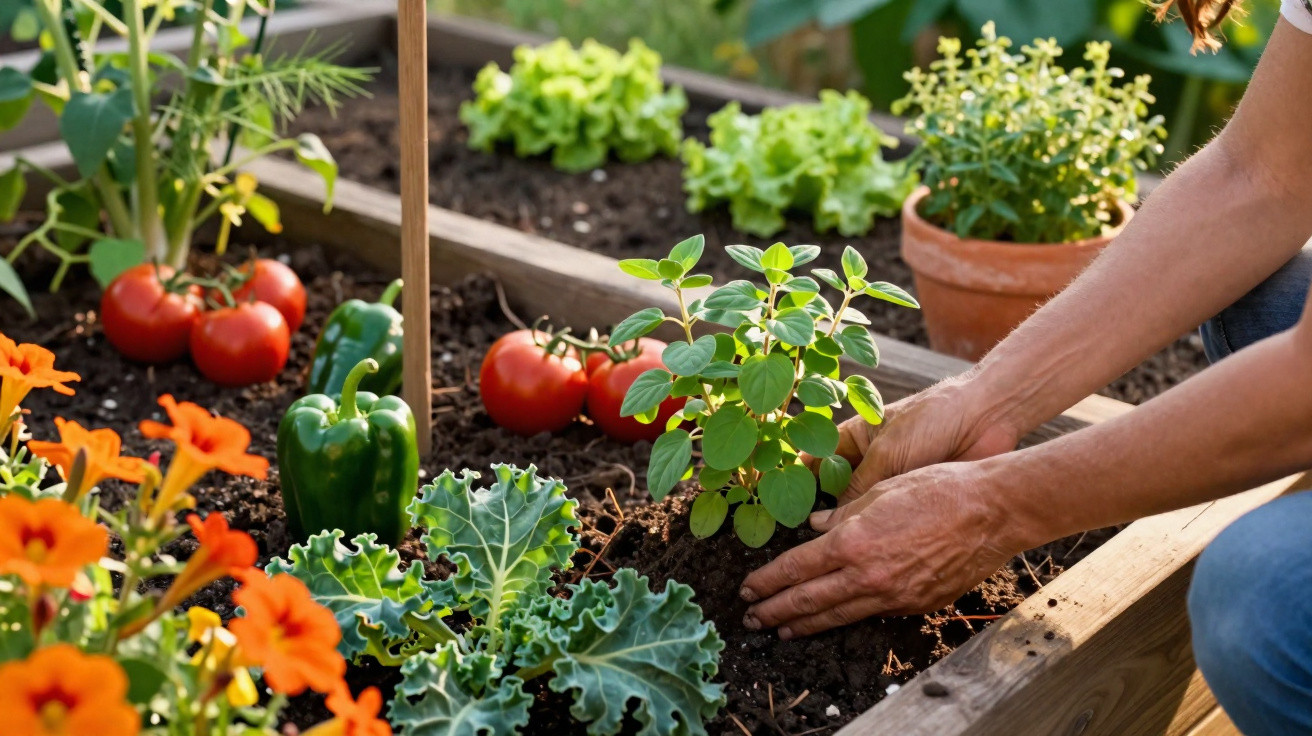Hands planting a small herb in a raised garden bed with tomatoes, bell pepper, kale, and orange flowers nearby.