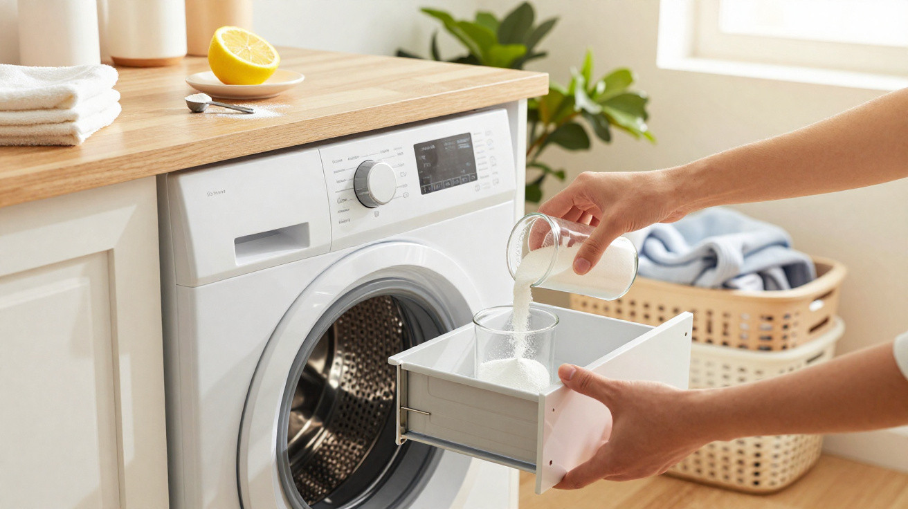 Person pouring detergent powder into a washing machine drawer in a bright laundry room.