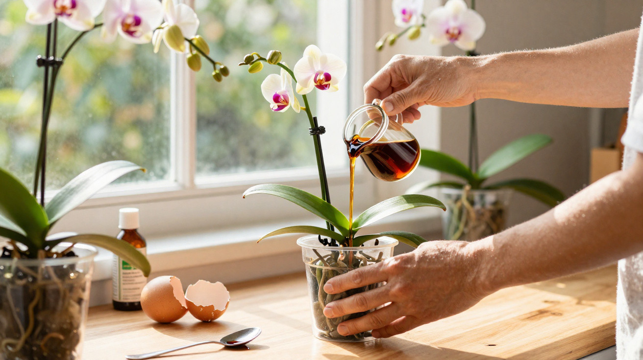 Hands pouring liquid fertilizer onto an orchid plant in a clear pot on a wooden table near a window.