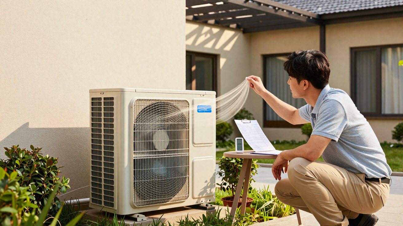 Technician inspecting airflow from outdoor air conditioning unit near house with clipboard on small table.