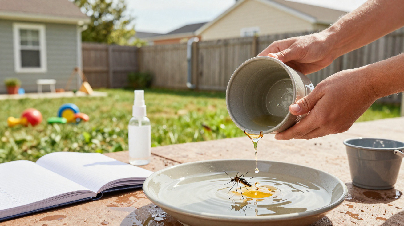 Hands pouring liquid from a grey cup into a plate with water and a mosquito, backyard with toys and notebook nearby.