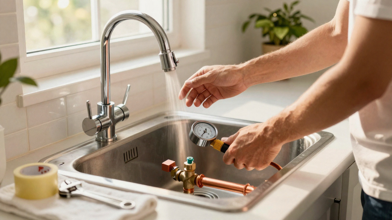 Person testing water pressure with gauge under running kitchen sink tap with tools nearby