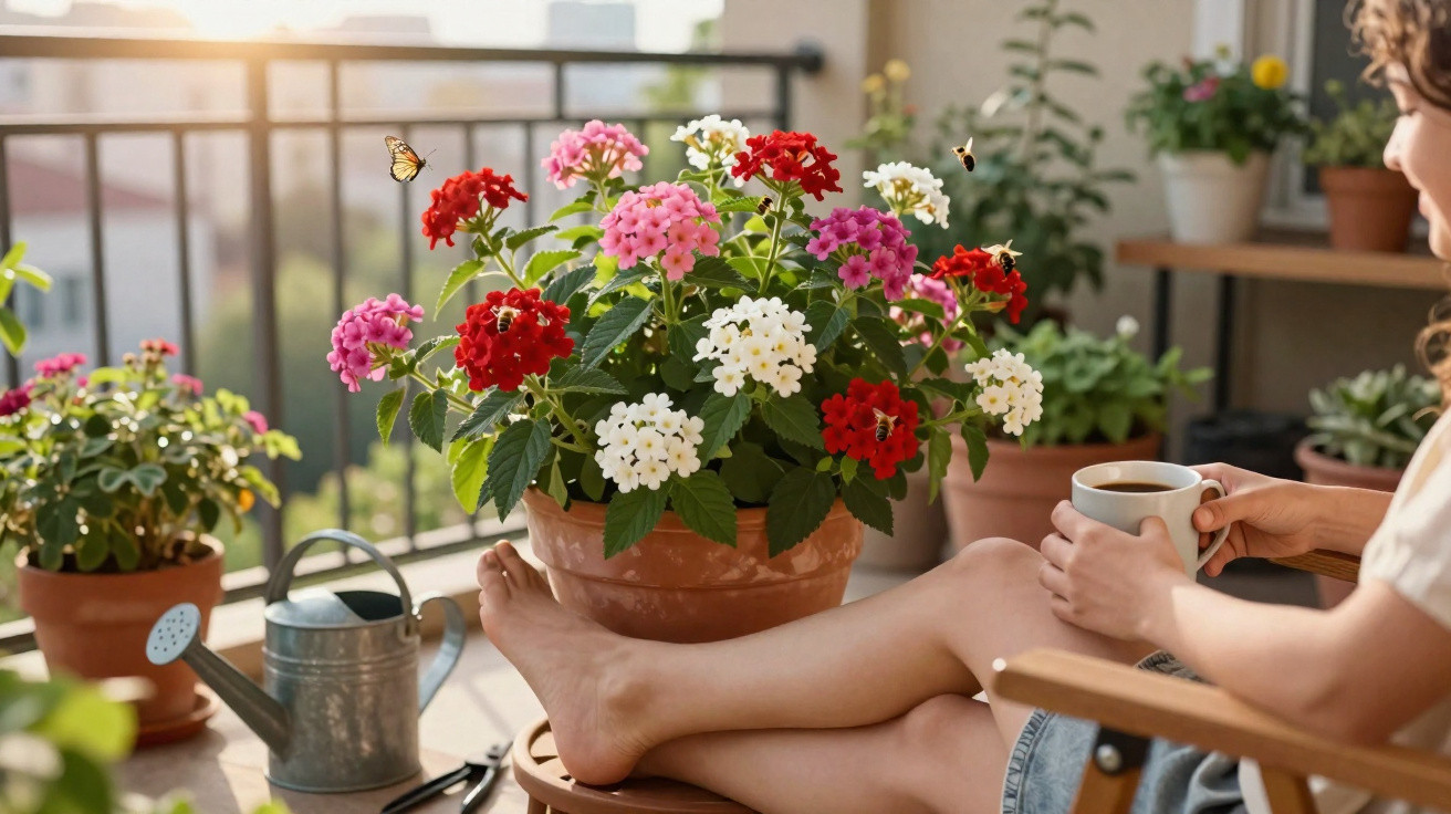 Person relaxing with a cup of coffee next to colourful flowers and a watering can on a sunny balcony.