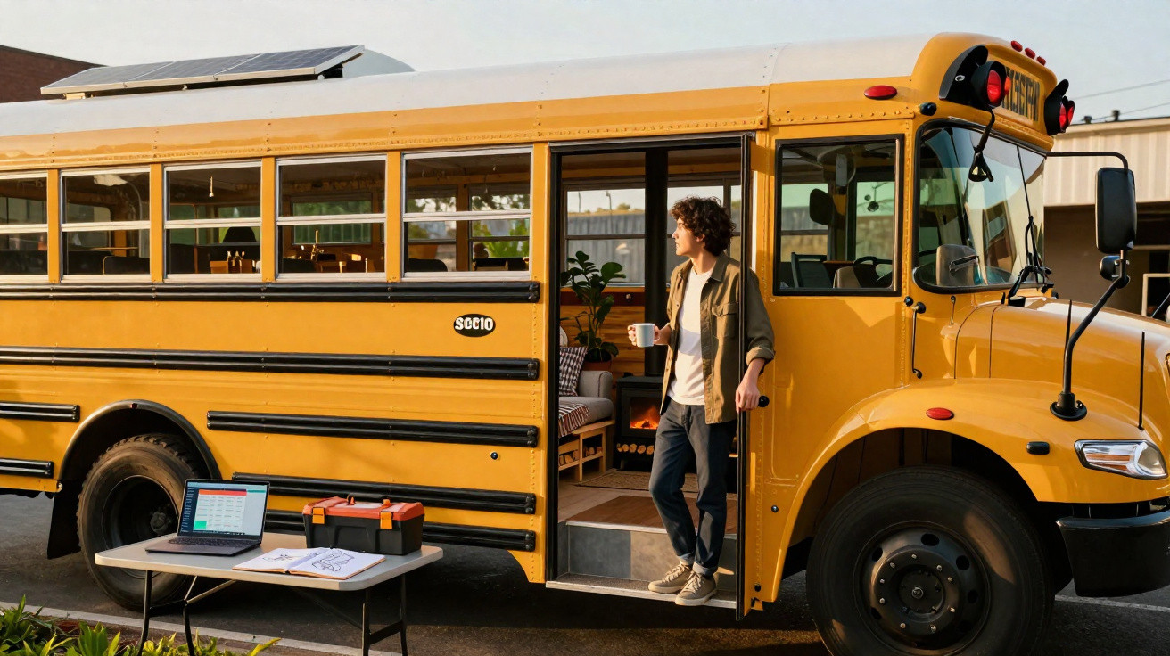 Man with coffee standing in the doorway of a converted yellow school bus fitted as a cosy living space.