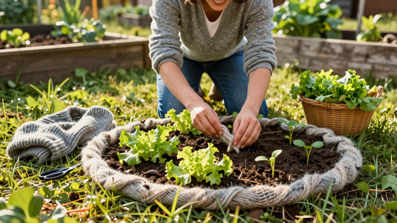 Person planting seedlings in a circular garden bed with lettuce growing nearby in a sunny garden.