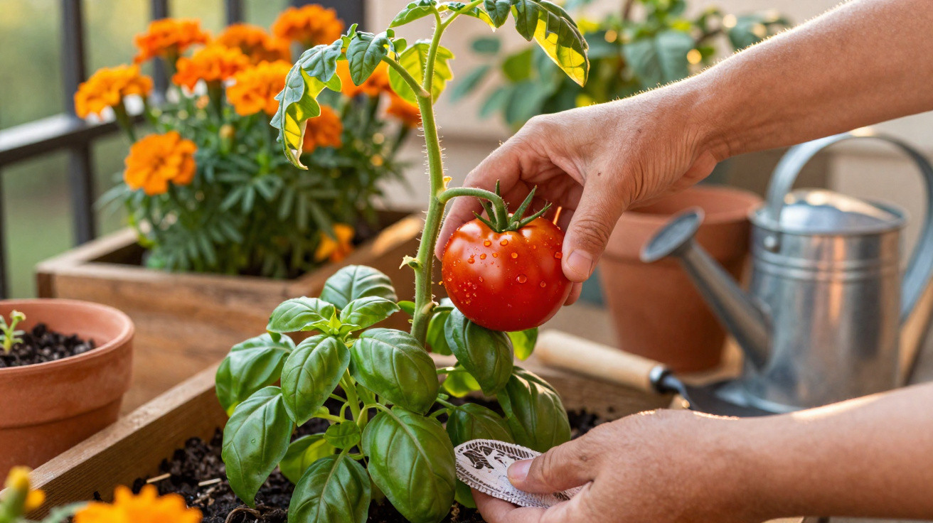 Hands harvesting a ripe tomato from a small indoor garden with basil and marigold flowers nearby.