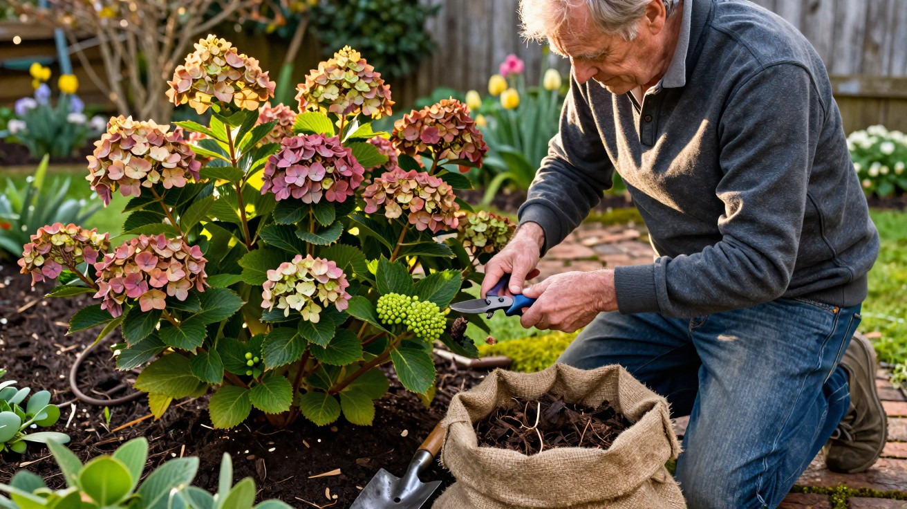 Elderly man pruning a flowering hydrangea bush in a garden with gardening tools and a sack nearby.