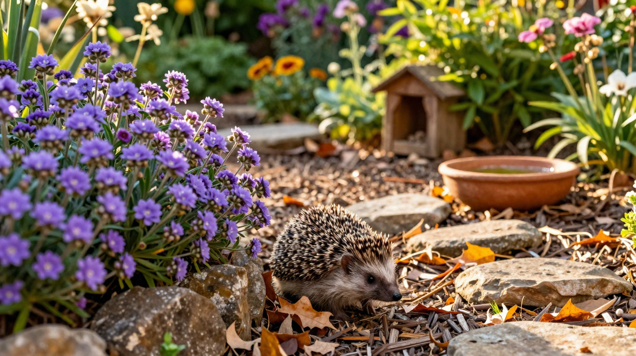 A hedgehog walking on mulch in a garden surrounded by purple flowers, stones, and a small wooden shelter.