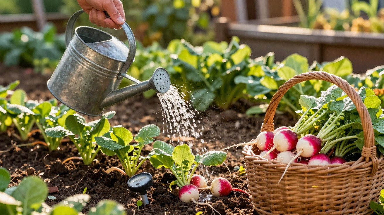 Hand watering green plants in garden with freshly harvested radishes in a wicker basket nearby.
