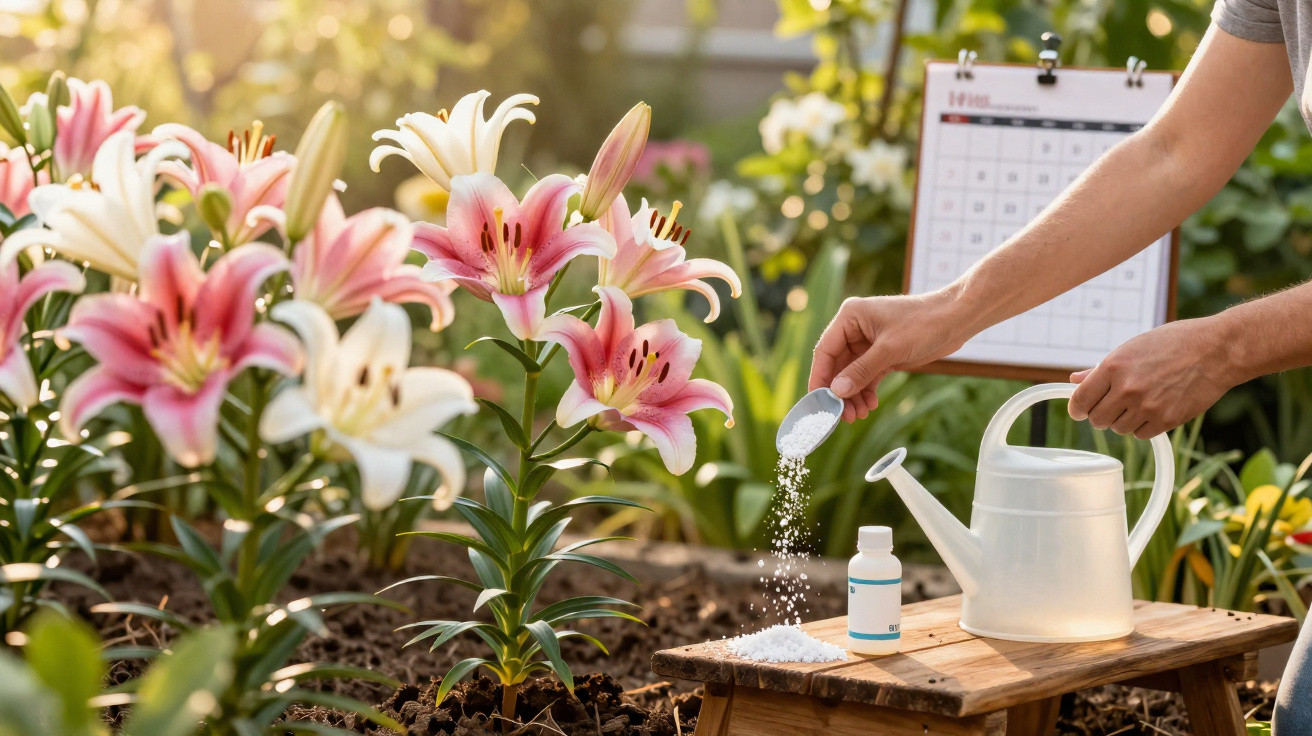 Person adding fertiliser to garden soil near blooming pink and white lilies with watering can and calendar nearby