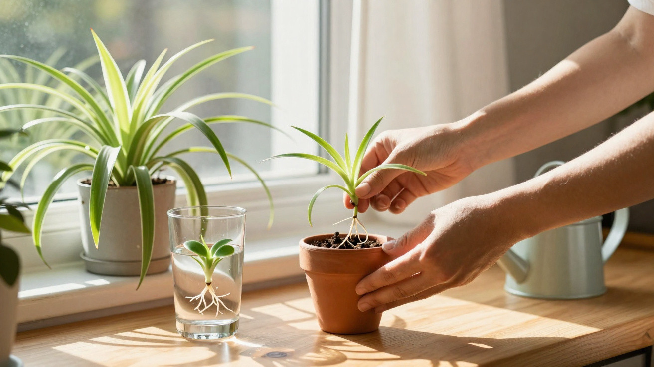 Hands planting a young spider plant in a small terracotta pot on a sunlit wooden windowsill.