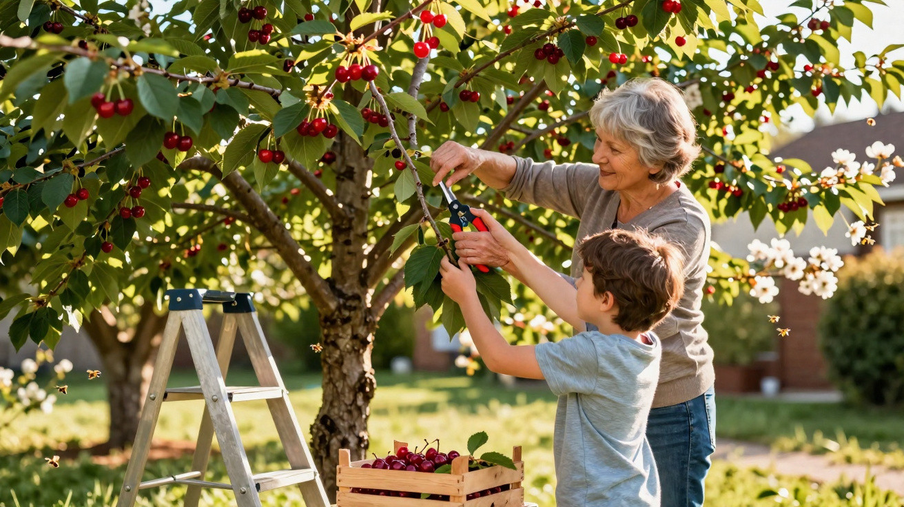 Grandmother and grandson picking cherries from a tree with a ladder and crate nearby in a sunny garden.