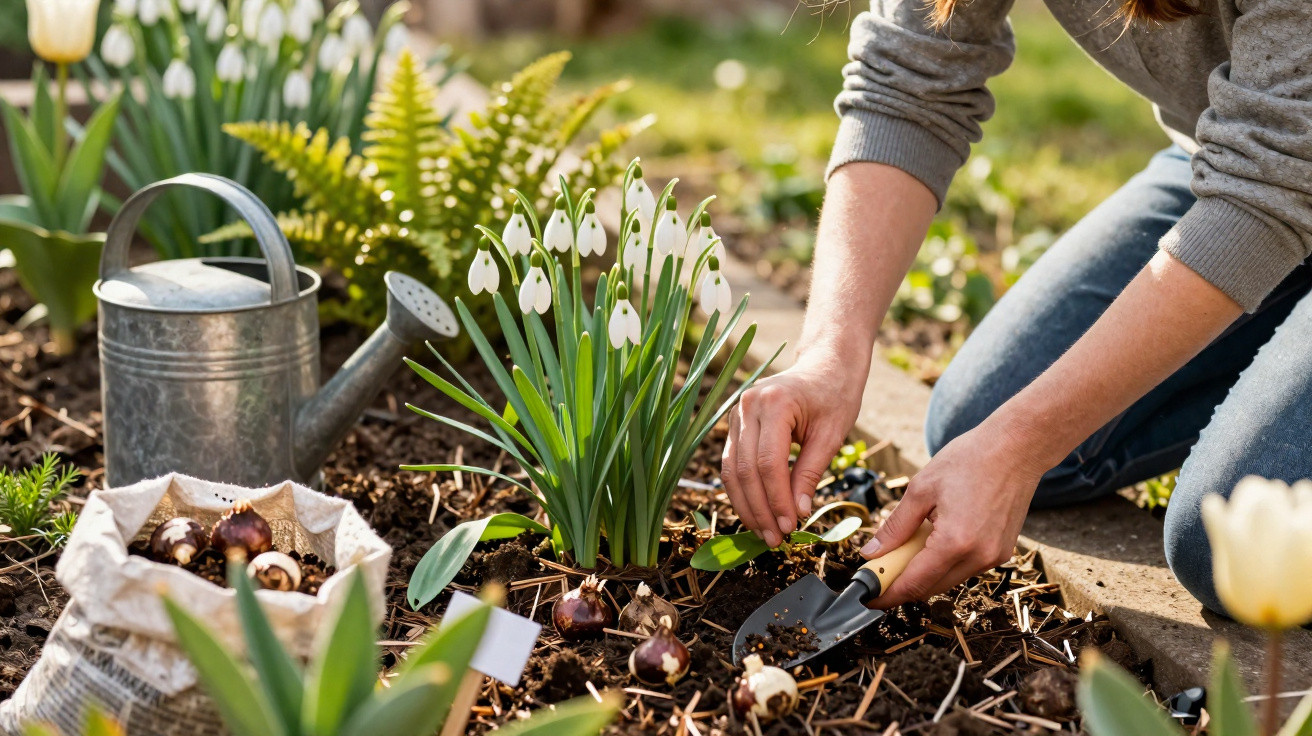 Person planting bulbs near blooming snowdrops in a garden bed with a watering can beside them.