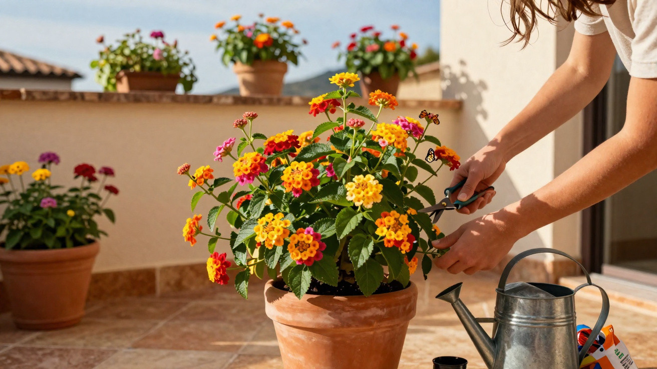 Person pruning colourful lantana flowers in a terracotta pot on a sunny terrace with other potted plants.