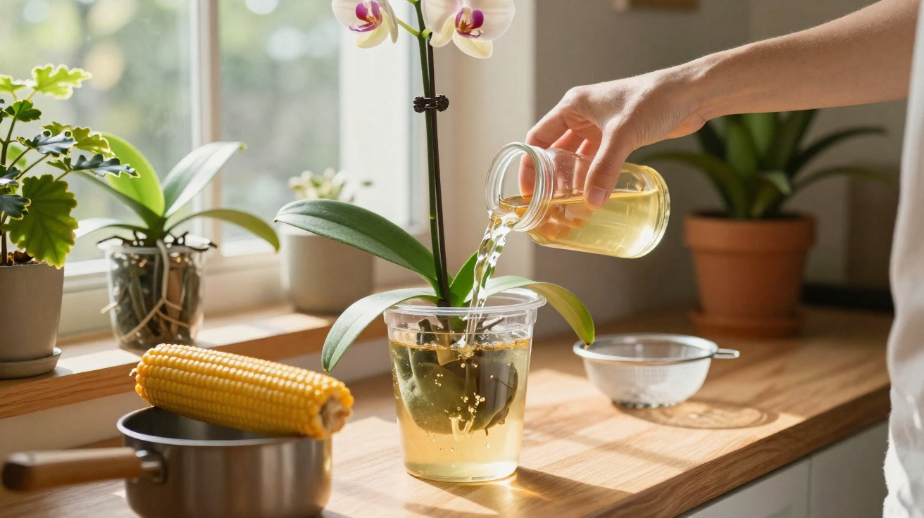 Hand pouring liquid into a transparent pot with an orchid plant on a sunlit kitchen windowsill.