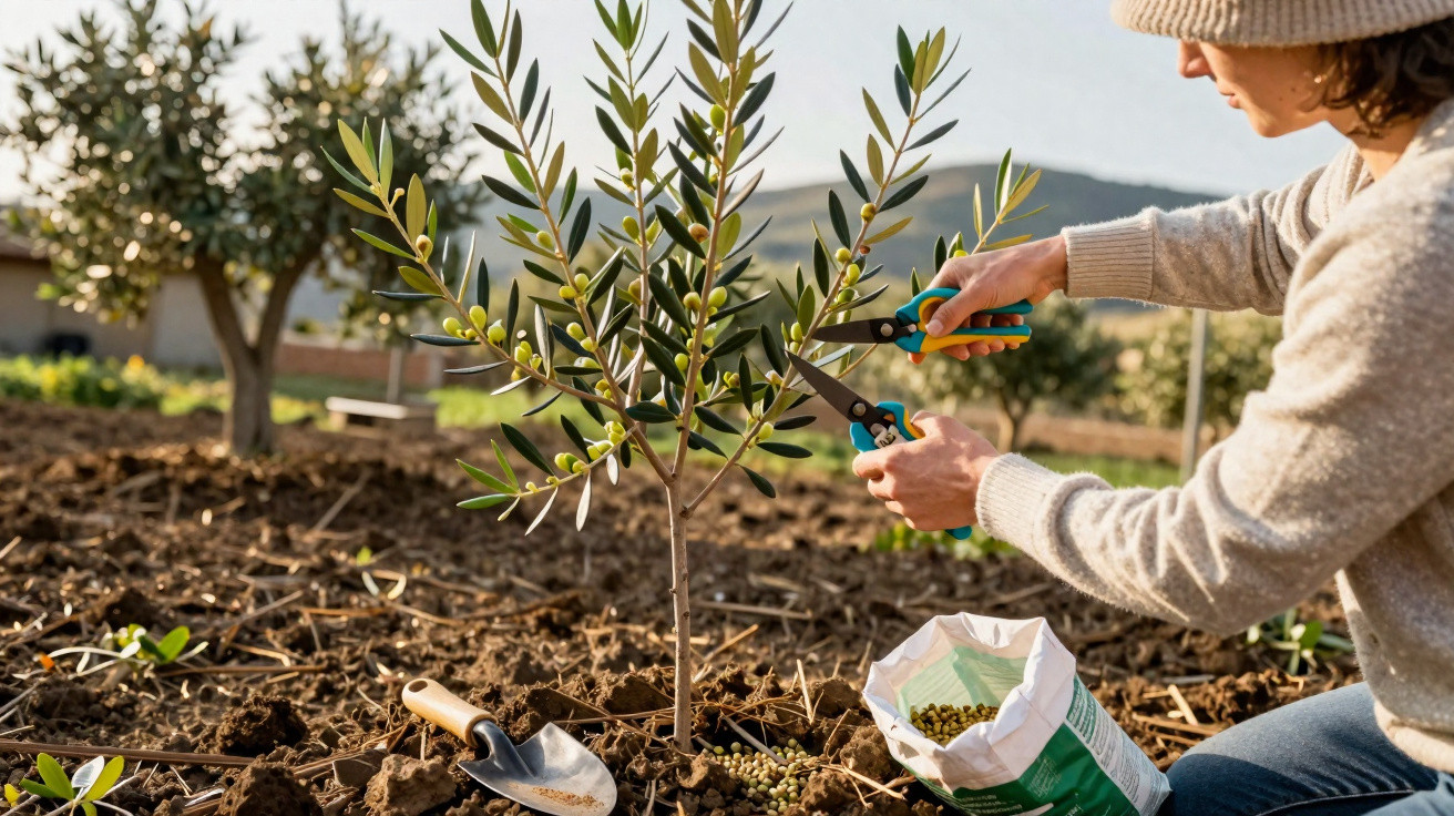 Person harvesting olives from a small tree in a sunny garden using pruning shears.