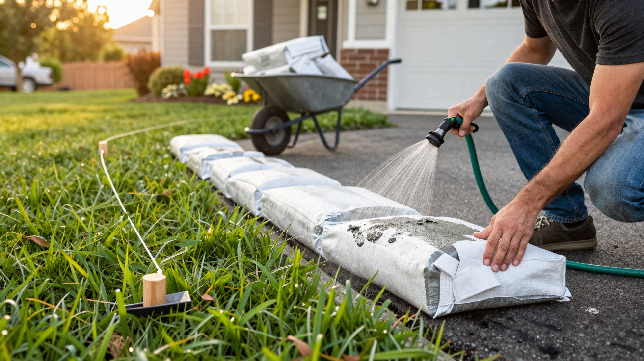 Person watering concrete-filled bags on driveway edge near grass with wheelbarrow and house in background.