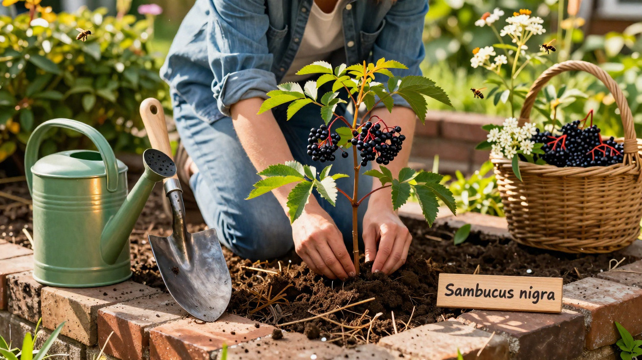Person planting a Sambucus nigra plant in a garden bed with gardening tools and a basket of elderberries nearby.
