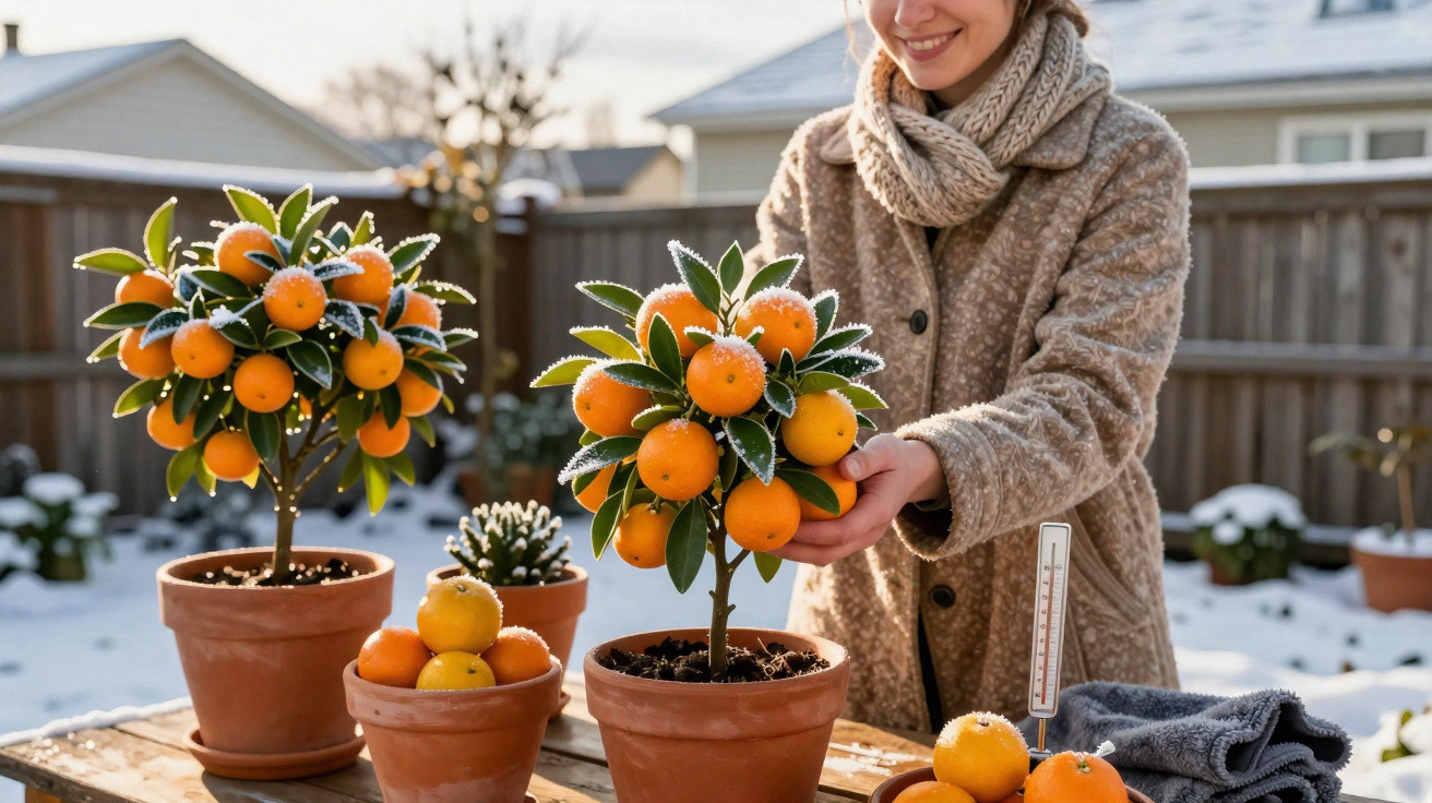 Person in winter coat and scarf tending frosted orange trees in pots on a snowy garden table.