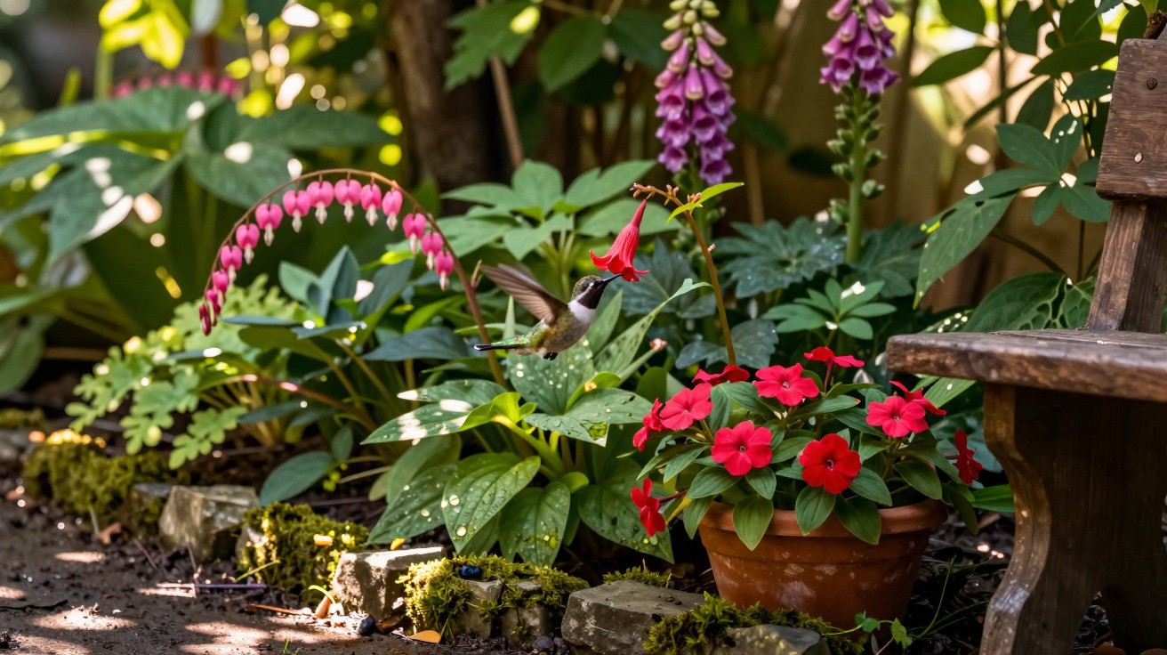 Hummingbird feeding from a red flower in a colourful garden with various flowers and a wooden bench.