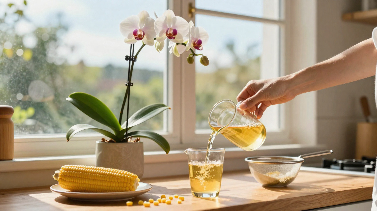Hand pouring a light yellow drink into a glass on a kitchen counter with corn and an orchid plant nearby.