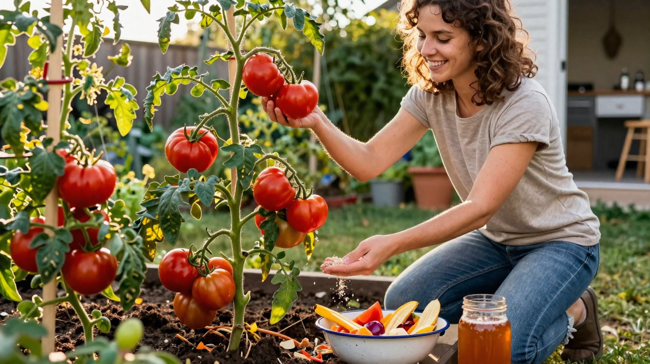 Woman fertilising tomato plants in a garden, kneeling on the ground with ripe tomatoes on the vine.