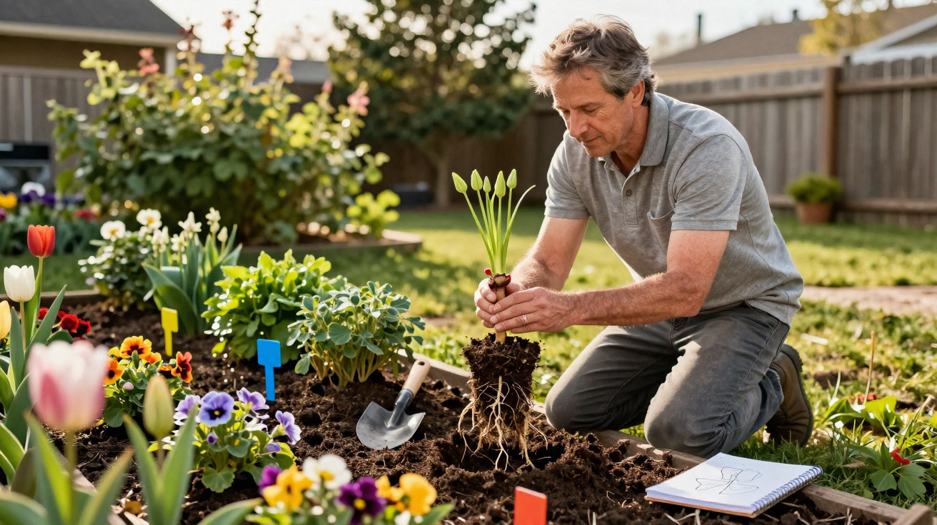 Man kneeling in garden bed preparing to plant tulip bulbs surrounded by flowers and gardening tools in sunlight.