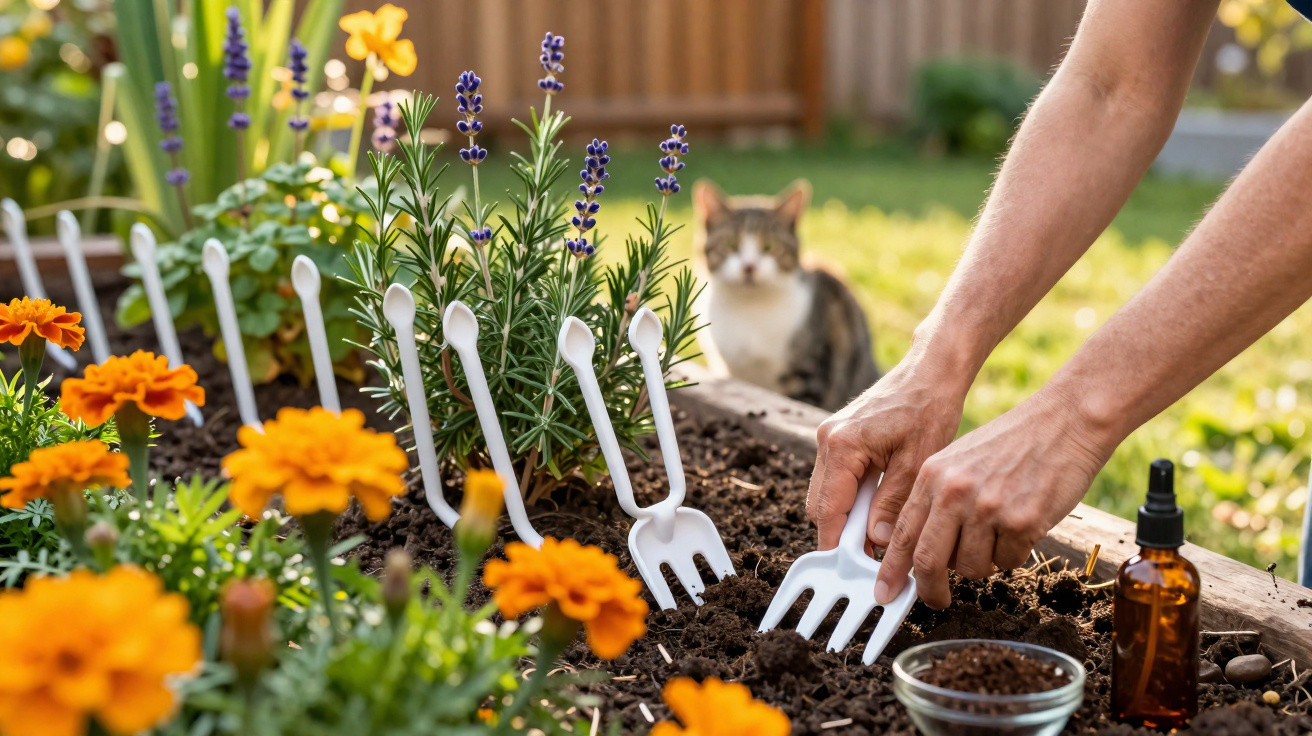 Hands planting herbs in a garden bed with orange flowers and a cat in the background.