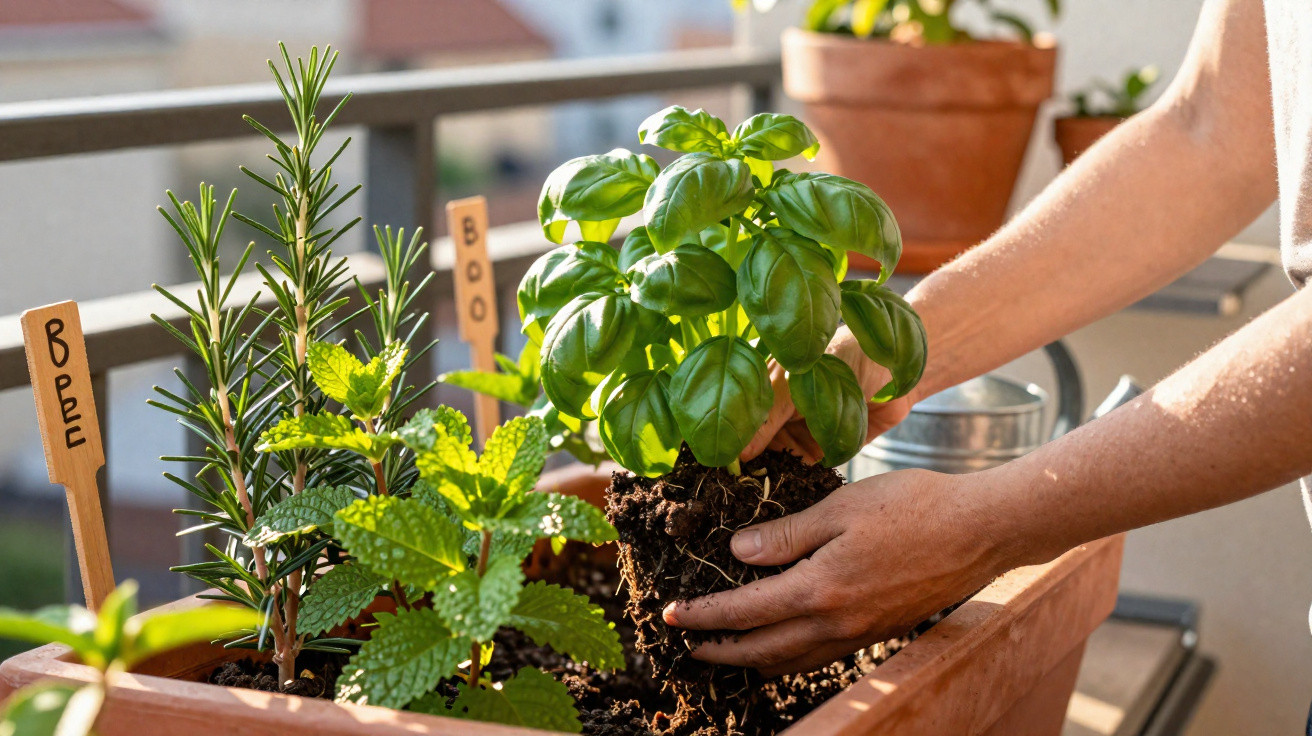 Hands planting a fresh basil plant into a rectangular planter with other herbs on a sunlit balcony.