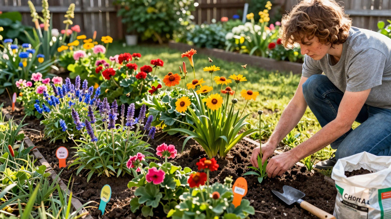 Person planting flowers in a colourful garden bed with gardening tools and labelled plants in sunlight.