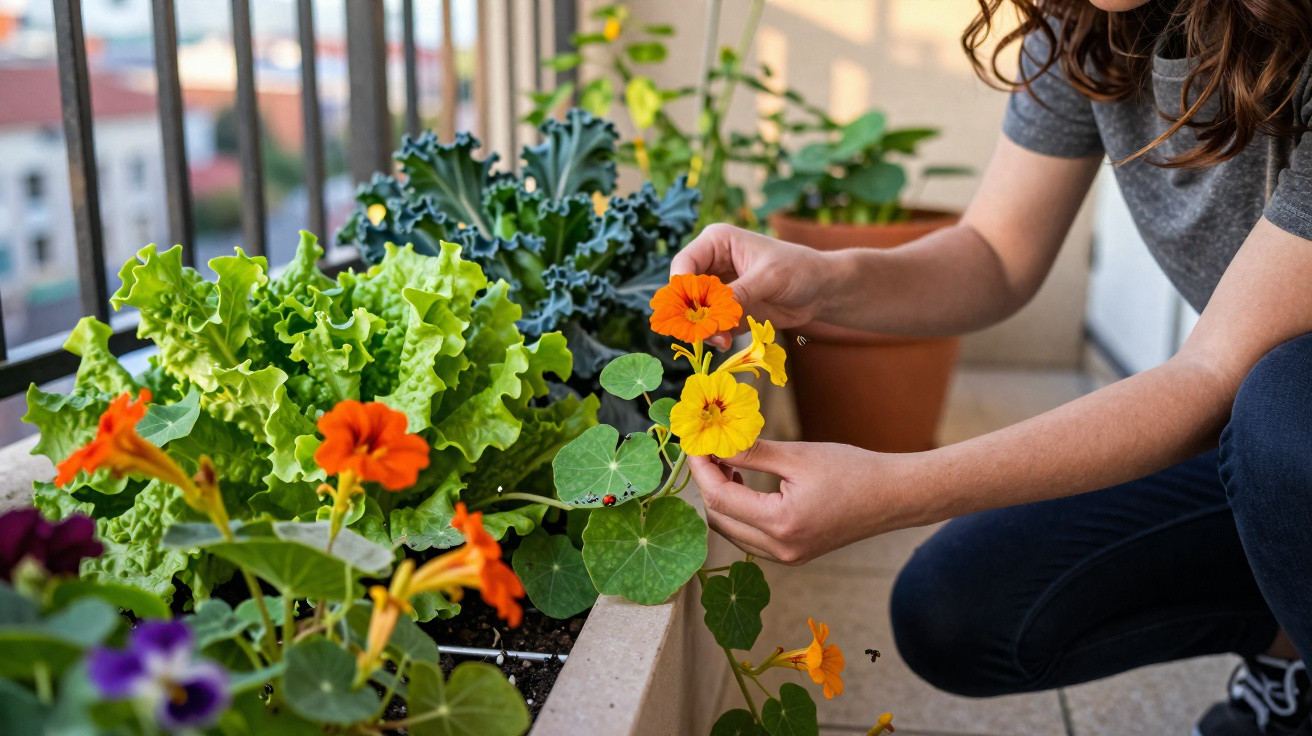 Person tending bright orange and yellow flowers in a balcony garden planter with leafy greens.