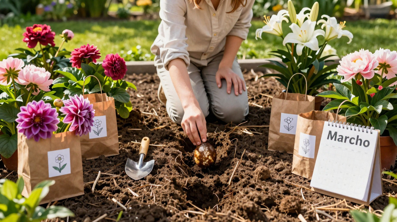 Person planting a bulb in soil surrounded by potted flowers and a calendar showing March.