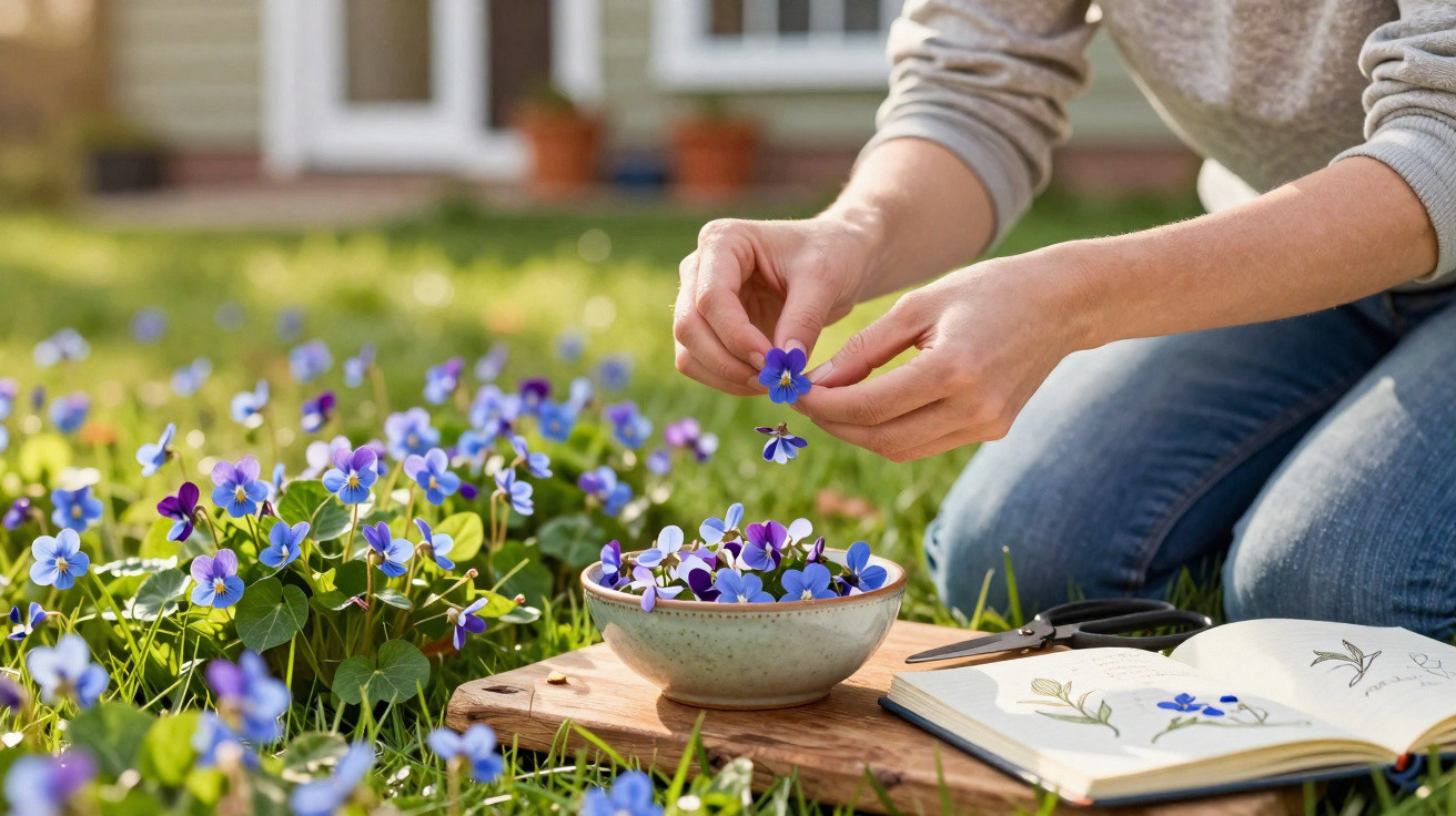 Person picking small purple and blue flowers into a bowl outdoors next to a botanical sketchbook.