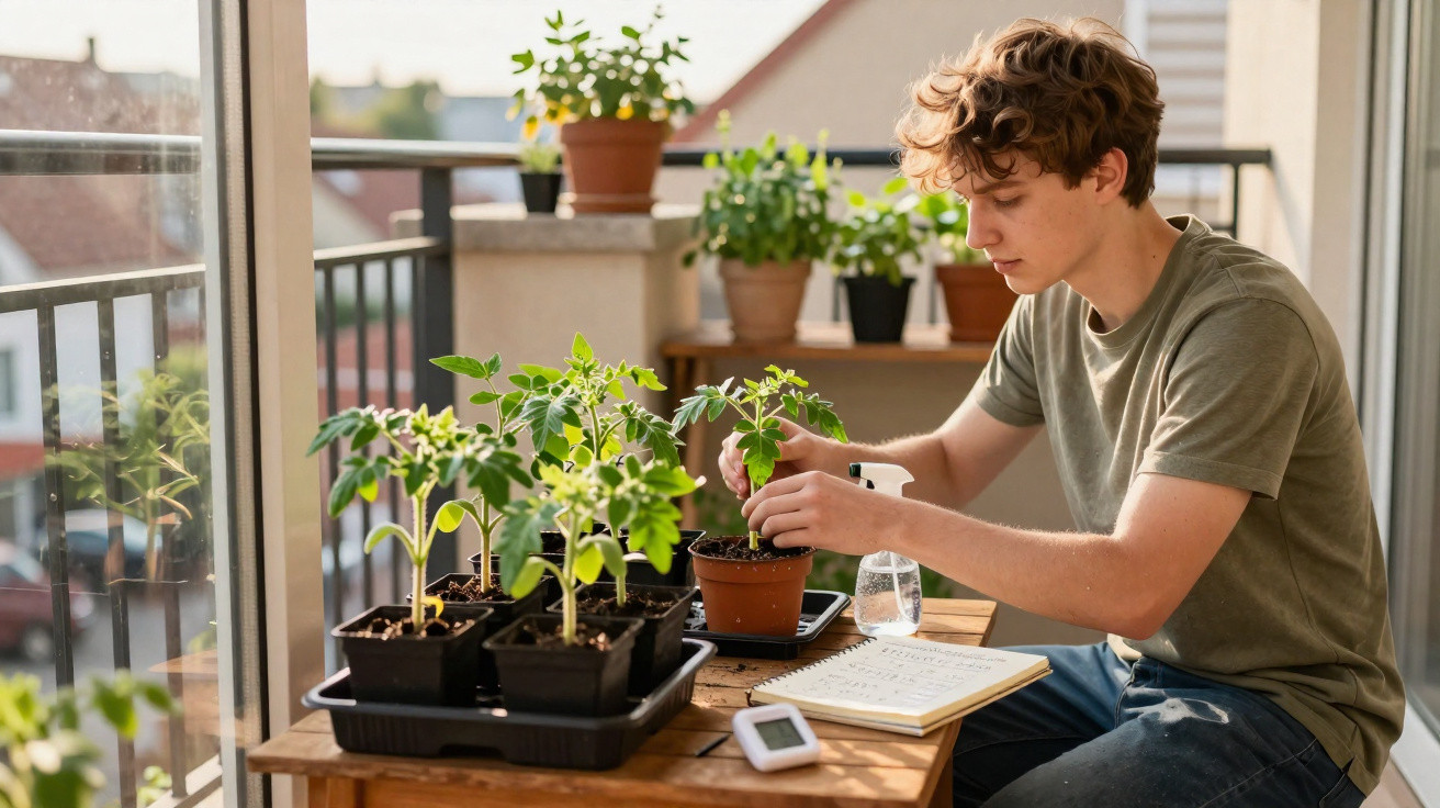 Young man tending to potted plants on a balcony table with a notebook and water spray bottle nearby.