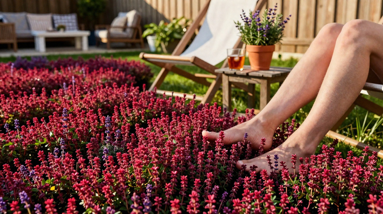Person relaxing barefoot in a garden chair beside a table with a potted plant and drink, surrounded by pink flowers.