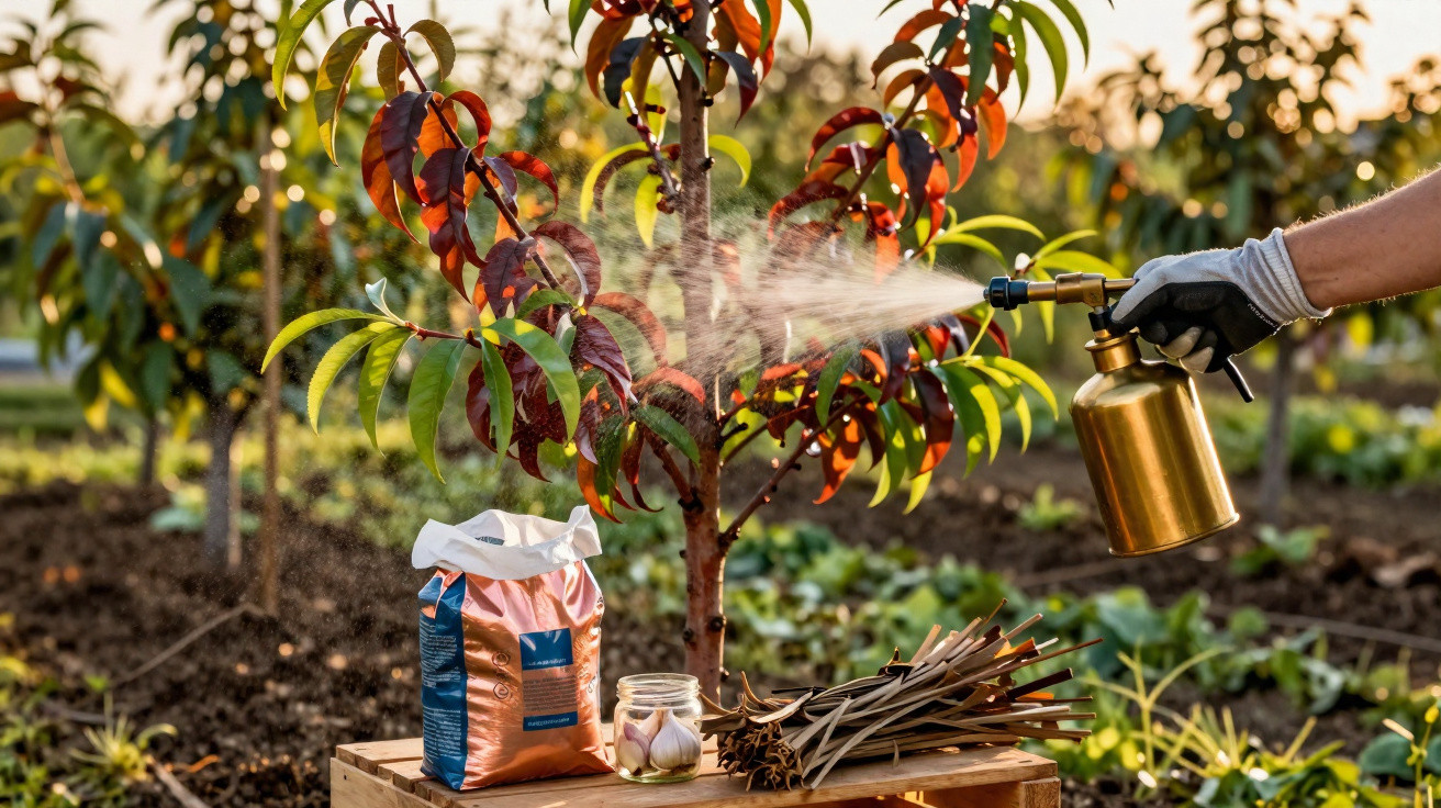 Hand spraying pesticide on fruit tree leaves with gardening supplies on wooden crate in garden.