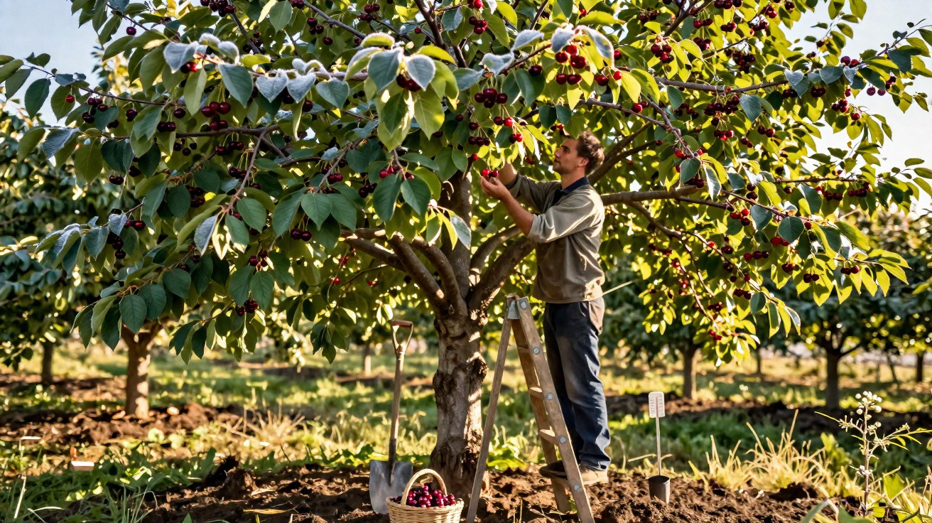 Man picking ripe cherries from a tree in an orchard with a basket and shovel on the ground.