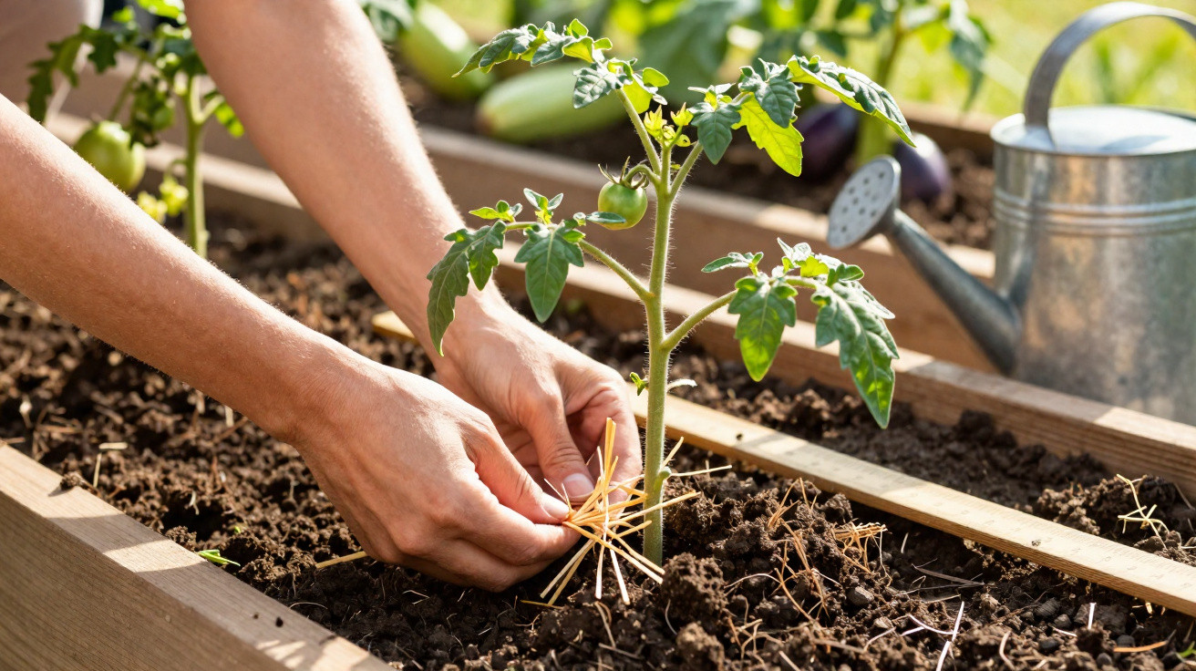 Hands placing straw mulch around a young tomato plant in a raised garden bed with a watering can nearby.