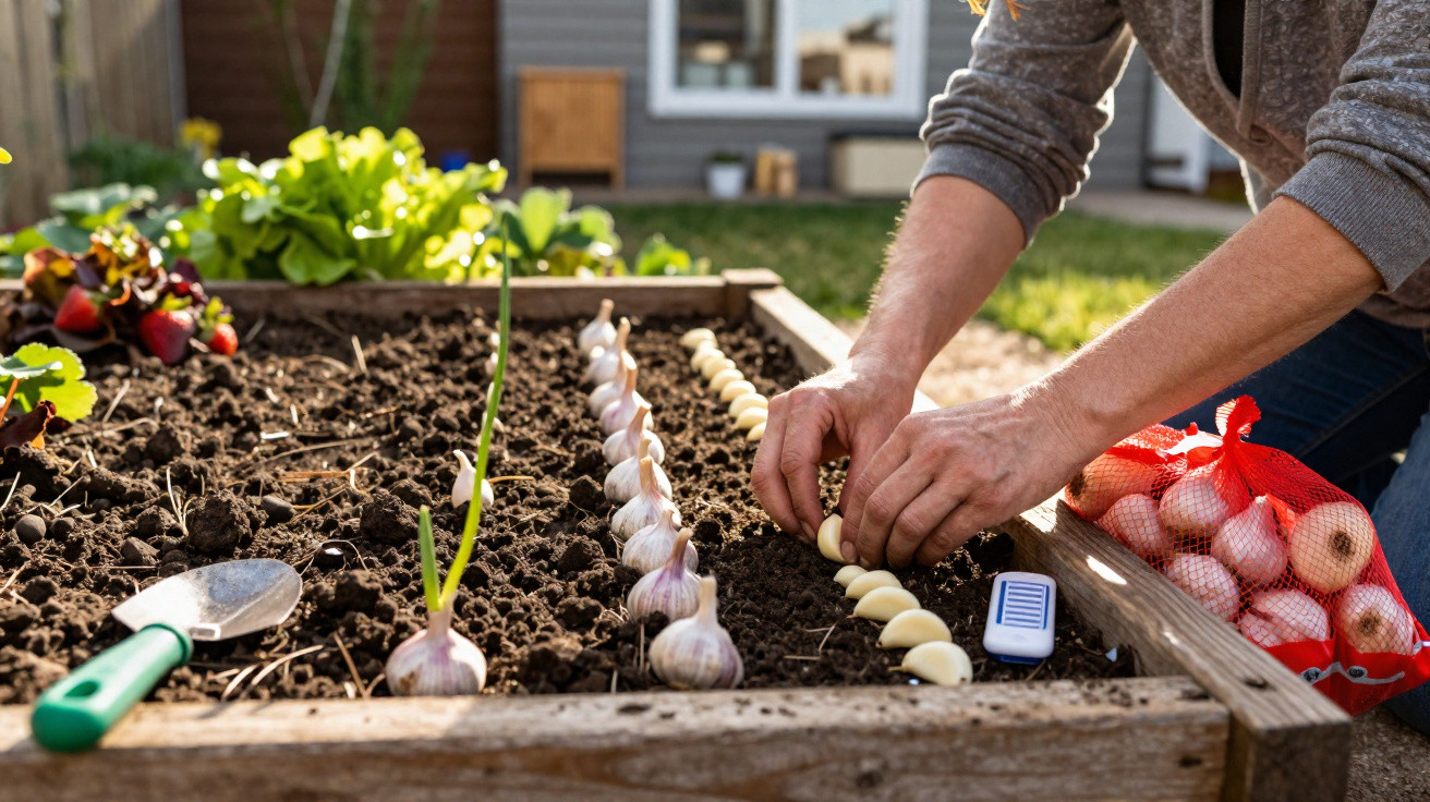 Person planting garlic cloves in a garden bed with garlic bulbs and gardening tools nearby.