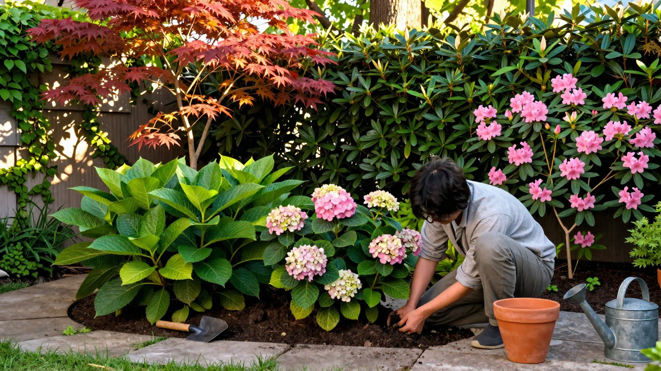 Person kneeling and gardening among flowering plants in a well-maintained garden on a sunny day.
