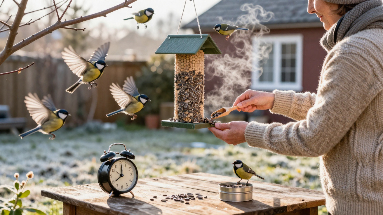 Person feeding sunflower seeds to tits at bird feeder on frosty morning in garden with alarm clock on table.