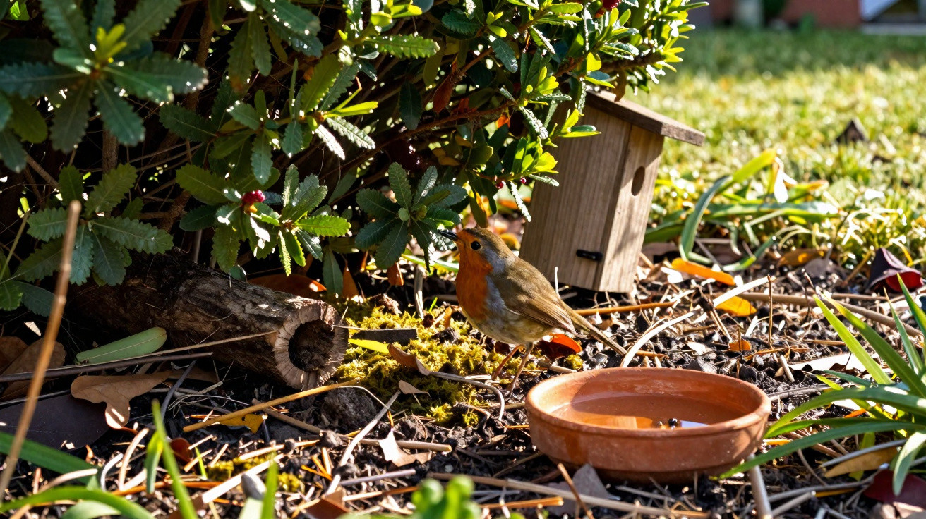 A robin standing on the ground near a wooden birdhouse and a small water dish in a garden.