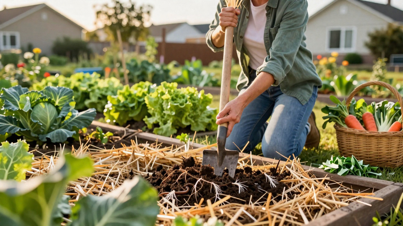 Person gardening in a raised bed with leafy greens and a basket of freshly picked carrots nearby.