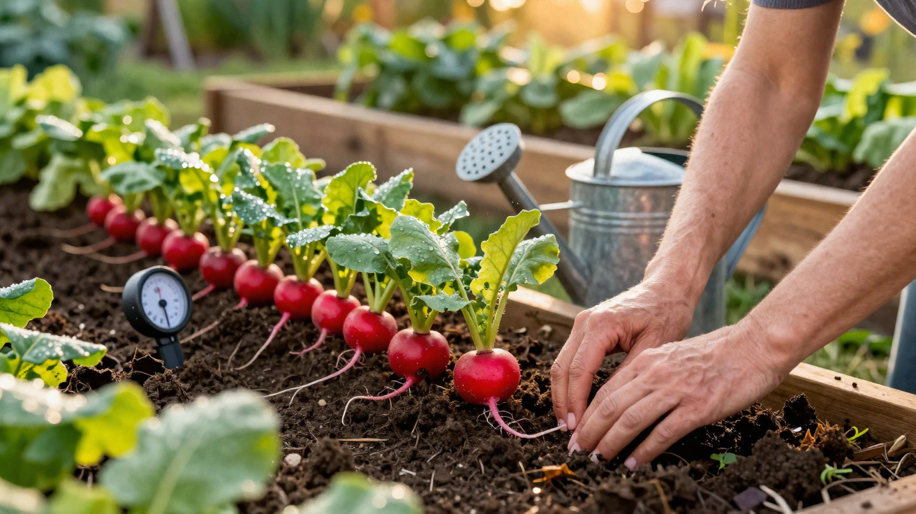 Hands tending soil in raised garden bed with mature radishes and a watering can nearby.