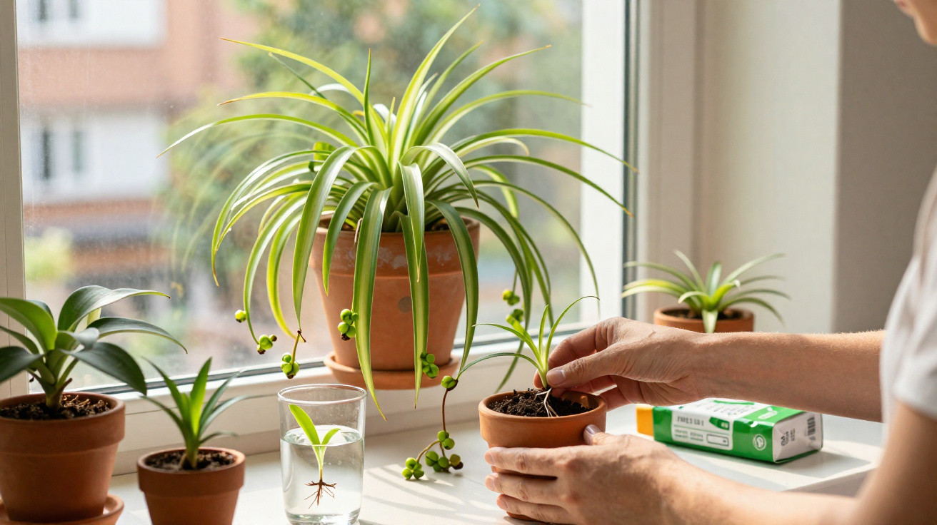 Person propagating small potted plants on a windowsill with various green houseplants nearby.