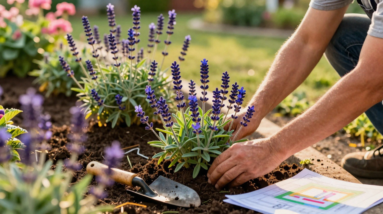 Person planting purple lavender flowers in a garden bed with a trowel and a planting plan nearby.