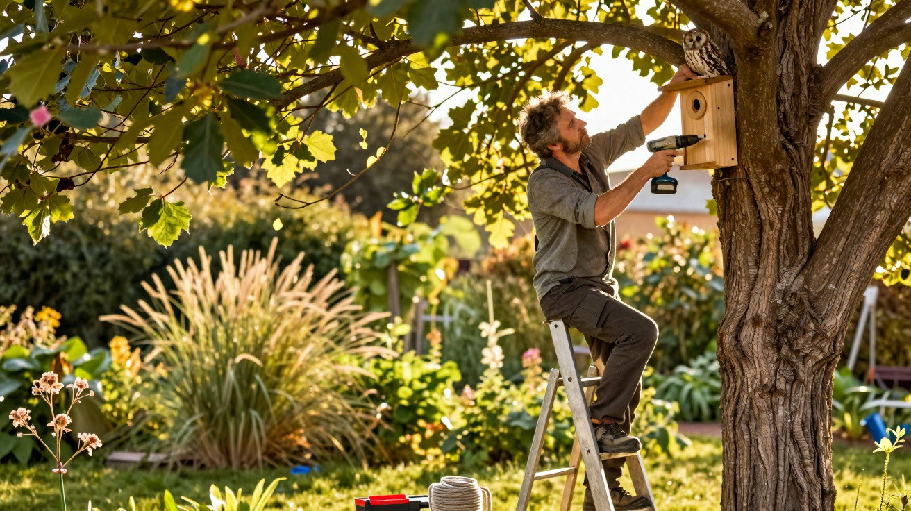 Man on ladder installing a birdhouse on a tree with an owl perched nearby in a sunny garden.